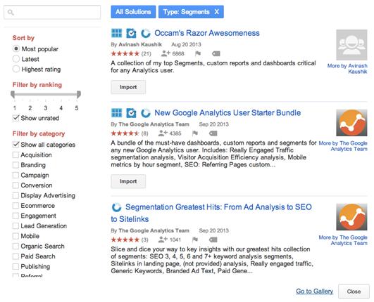 Google Analytics’ Solutions Gallery is a free marketplace where you can publish and download custom segments.