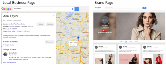 Ann Taylor’s local business page for a store in Deer Park, Ill., at left, as compared to its brand page at right.