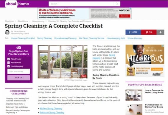 About's Spring Cleaning Checklist is an example of the sort of articles content marketers could publish in honor of spring.