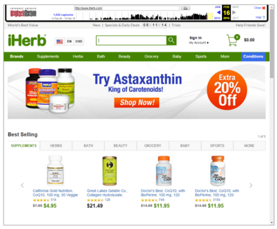iHerb.com's February 2016 home page has a "Best Selling" section in the middle, as well as category names in the green bar that are different from February 2015.