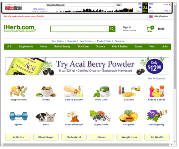 iHerb.com's home page in February 2015 did not include the "Best Selling" tab in the middle of the page, among other differences from the current site.