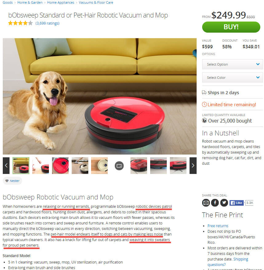 Groupon Goods' product descriptions often include compelling?trigger words and a bit of humor.