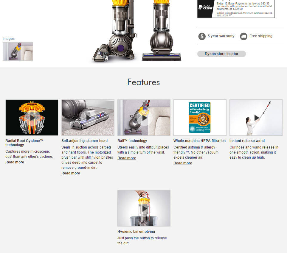 Product page with six thumbnails and brief descriptions beneath each topic.
