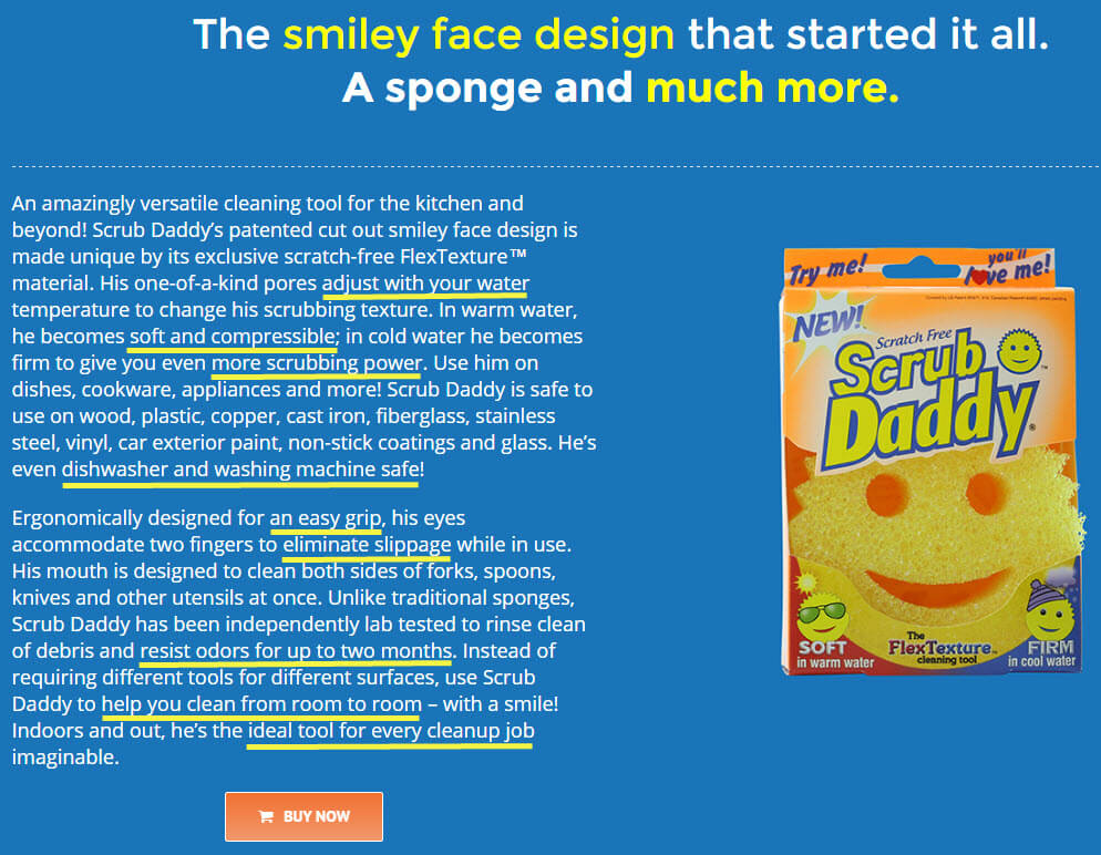 The original Scrub Daddy sponge aims to solve many issues, and the write-up conveys that.