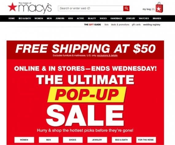 Macy's merchandises closeout items right at the top of its home page.