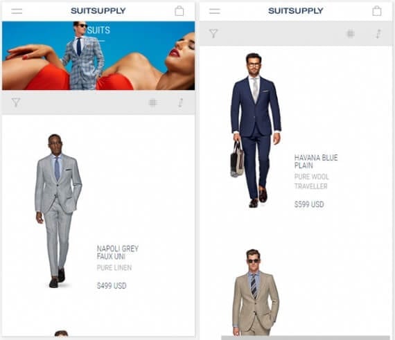Suit Supply is a example of an online retailer using continuous scrolling on its product category pages. The experience is significantly better for mobile shoppers.