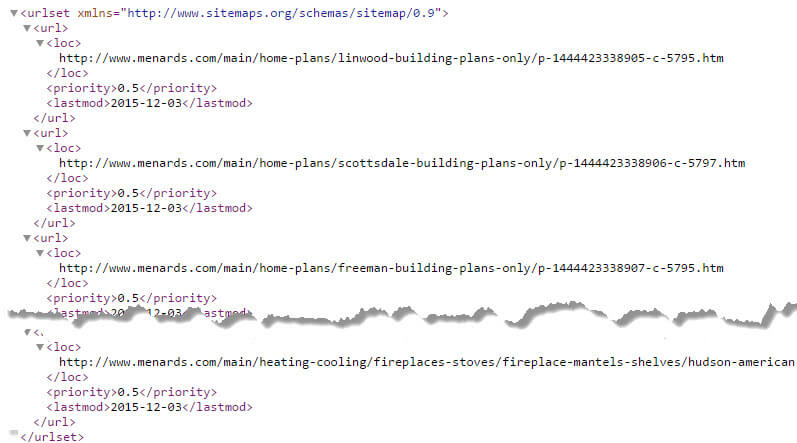 One of the XML sitemaps for Menards, a midwestern U.S. home improvement brick-and-click retailer.