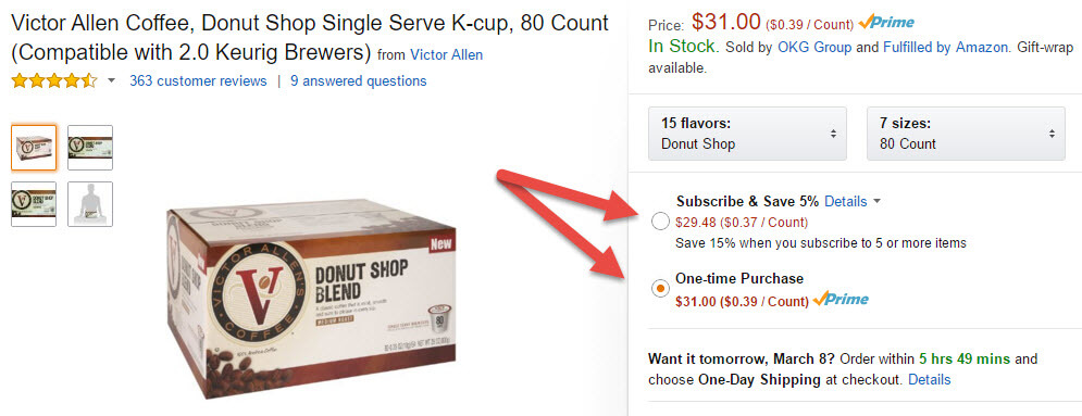 Amazon product page offering a discount if you put in a standing order.