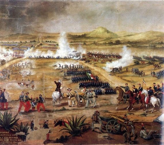 Cinco de Mayo honors Mexico's 1862 victory at the Battle of Puebla. This is the Anónimo, Batalla (A<em>nonymous, Battle</em>) depiction.