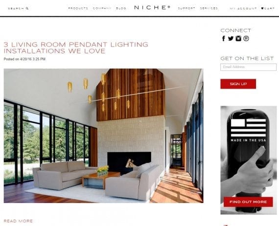 Niche.com uses stellar, whole-room photos to address specific lighting installations.