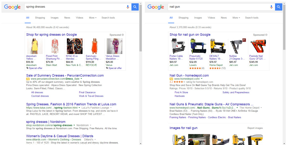 Typical high-value ecommerce search results — for "spring dresses" and "nail gun" — with a mix of paid and organic elements.