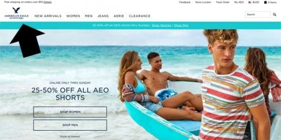 As you would expect, American Eagle Outfitters has positioned its logo at the top left of the page layout. The logo links directly back to the home page.