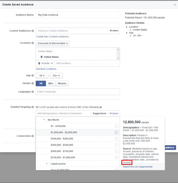 The "Net Worth" targeting data on Facebook is provided by Acxiom. 
