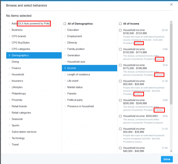 Twitter provides ad targeting options using data from IHS Automotive, Acxiom, and Epsilon.