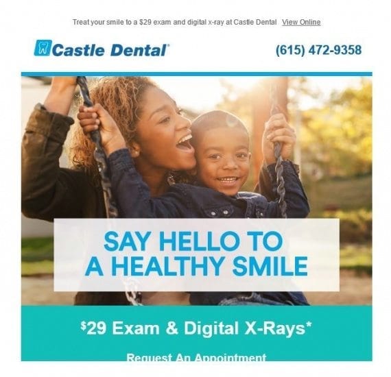 Preheaders — such as this example: "Treat your smile to a $29 exam..." — remain above the creative copy after emails are opened.