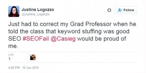 Justina Logozzo's tweet from June 16 shows that keyword stuffing is still taught.