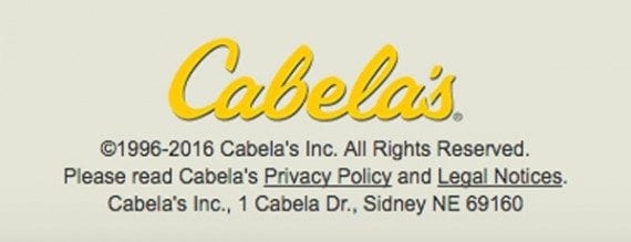 Outfitter and retailer, Cabela's is another example of a website that includes a copyright notice in its site footer. 