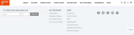 Jeni's sells high quality ice creams. Its site was one of 99 reviewed for footer content insights.