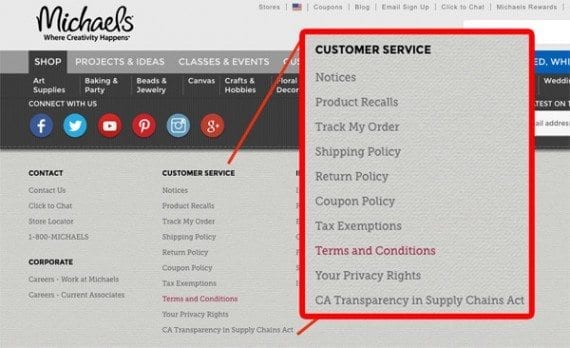 The footer section on the Michael's website included links to important store policies.