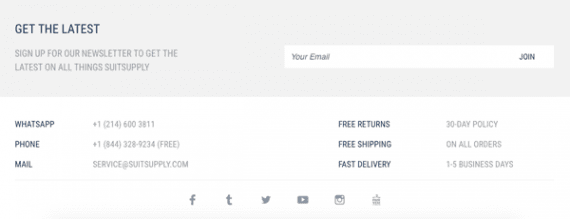 Suitsupply includes an email subscription form, social media icons, and a WhatsApp number in its site footer.