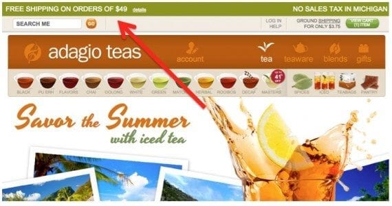 The rules and policies of an ecommerce business are reflected in its backend code. Offering free shipping for minimum purchase amounts, as in this example from Adagio Teas, must be written into the code. 