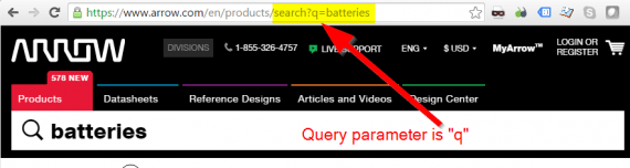 The search parameter for Arrow.com is "q".