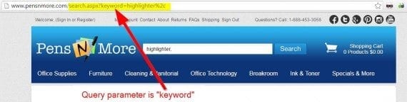 For Pensnmore.com, the search parameter is "keyword".