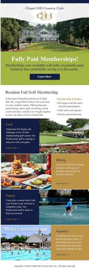 This email from Chapel Hill Country Club contains different areas of interest: Golf, Dining, Tennis, and Aquatics. 