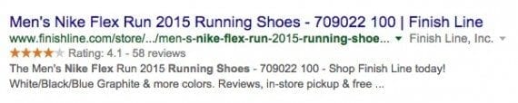 FinishLine is retailer of running shoes and apparel, via physical stores and online. FinishLine.com utilizes Schema.org markup to identify its stars ratings, which Google then includes in search results — as shown in this example of Nike Flex Run 2015 shoes.