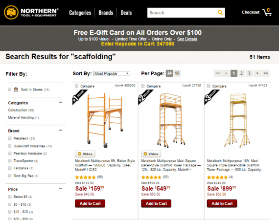 NorthernTool.com's facet search, on the left, includes "Categories," "Brand," and "Price."