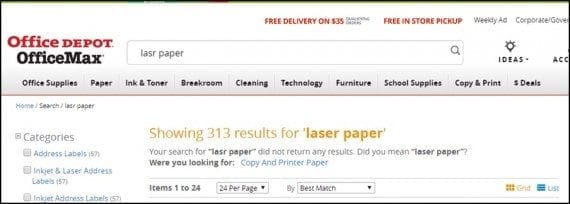 In this example from OfficeDepot.com, "lsr paper" was corrected, to display "laser paper," the correct spelling.