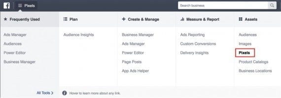 In the Facebook ads manager, go to the “Pixels” section, click the hamburger menu in the upper left, and select “Pixels.”