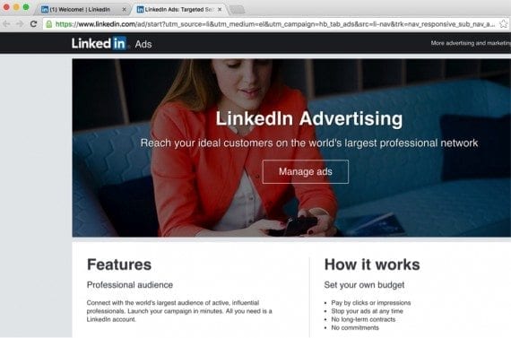 LinkedIn ads' home page.