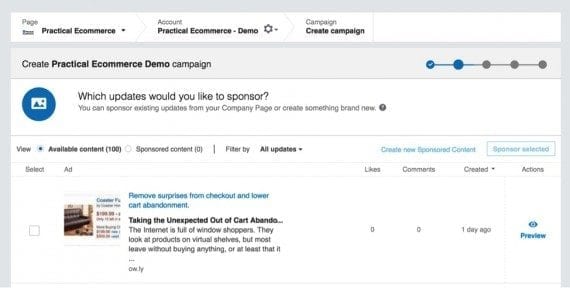 Choosing “Sponsor Selected" and selecting a post from Practical Ecommerce.