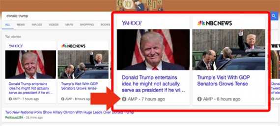 Search "Donald Trump" on a mobile device and Google may return a page with AMP formatted articles at the top.