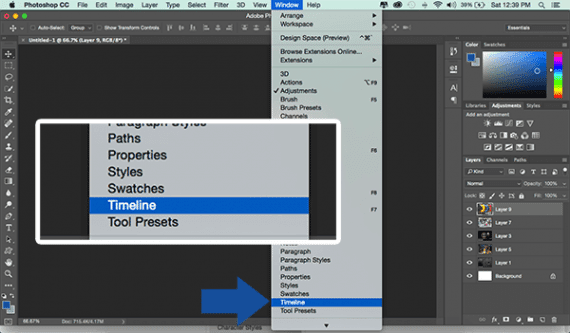 To open the Timeline panel, select Timeline from Photoshop's Window menu.