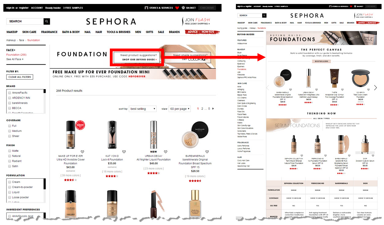 Sephora’s foundation category page with a clear link to the foundation buying guide in its banner.