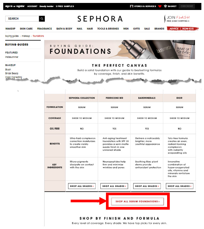 Sephora’s foundation buying guide with links to the foundation category page filtered down to the serum foundation products relevant to the chart shown.