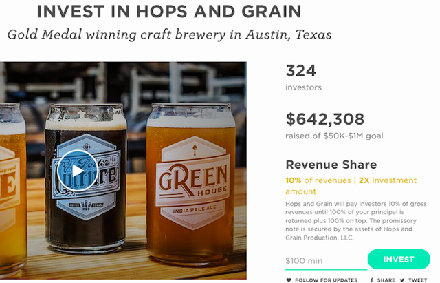 Hops and Grains utilizes Wefunder to raise equity capital. Hops and Grains intends to pay investors 10 percent of gross revenues until 100 percent of the principal is returned, plus an additional 100 percent. 