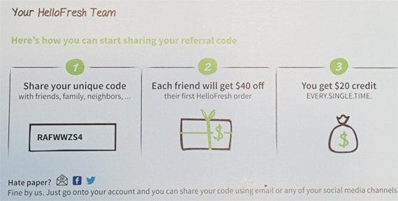 HelloFresh gives referring subscribers a $20 credit for each new customer they bring in.