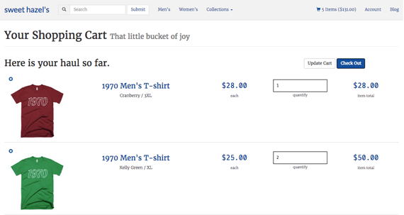 It is customary for an ecommerce shopping cart page to have a table-like layout with each item in a row.