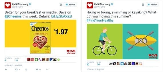 CVS Pharmacy tweets interesting content, such as questions and offers.