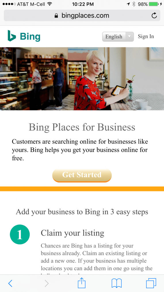 Bing Places for Business is where you'll want to claim your listing, which will appear on Bing search results.