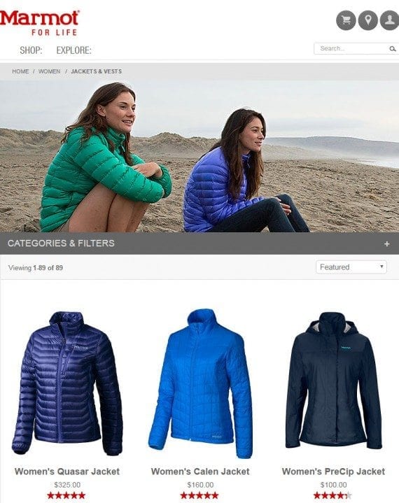 Marmot’s Jackets and Vests category page, without a prominent heading.