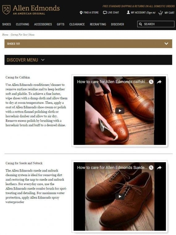 Allen Edmonds’ article page, “Caring for Your Shoes,” ranks but doesn’t pass searchers to conversion.