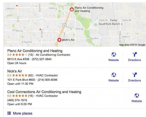 Consumers that search on Google for "Plano air conditioning repair," for example, will receive results similar to these. Businesses with reviews stand out via the yellow stars.