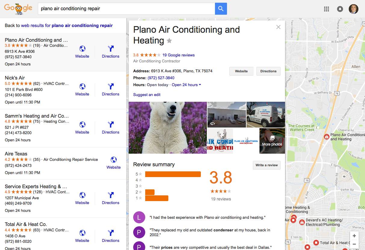 Verifying the information that Google has on your business will enable your to respond to reviews, and add extra, critical data, such as photos, hours, website URL, and more. In this example, Plano Air Conditioning and Heating has done that, to create a more complete profile for prospects.