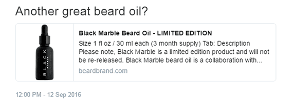 This is a summary Twitter Card from Beardbrand's website, notice the image and description are inline.