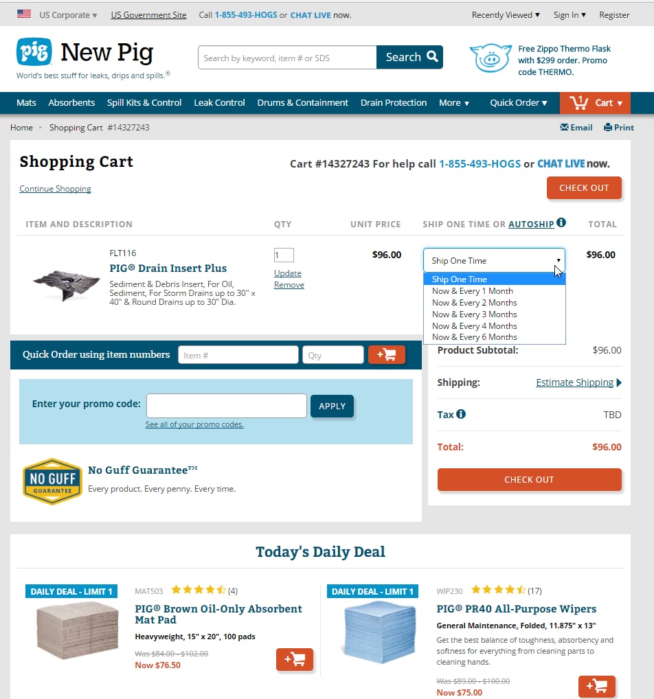 New Pig's shopping cart page emphasizes the "No Guff" guarantee. The page uses color — red — to highlight checkout buttons and it features a one-time "Today's Daily Deal" at the bottom.