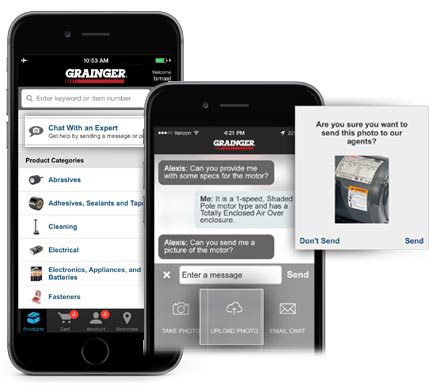 Grainger's mobile app allows buyers to send photos and talk to waiting agents, as well as scanning a barcode to quickly re-order the same product